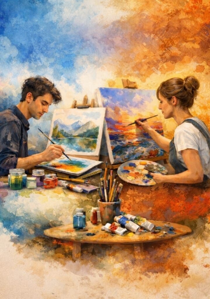 Caricatura de hombre y mujer pintando en lienzos junto a mesa de trabajo