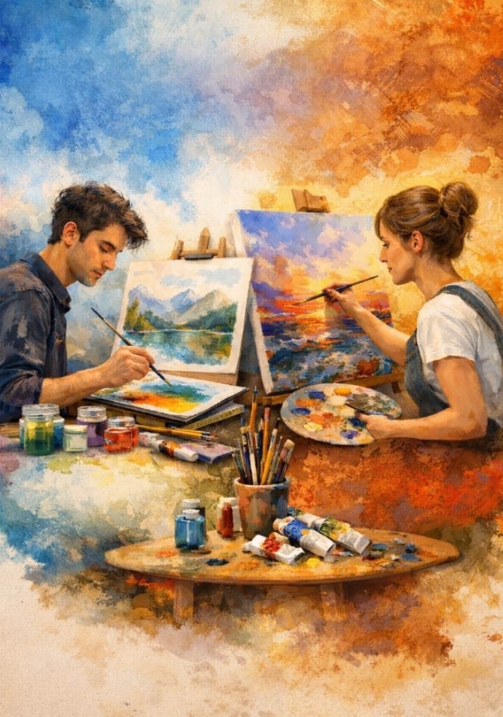 dos personas pintando en lienzos junto a mesa de trabajo