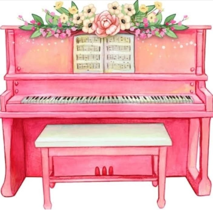 Caricatura de piano rosado con flores