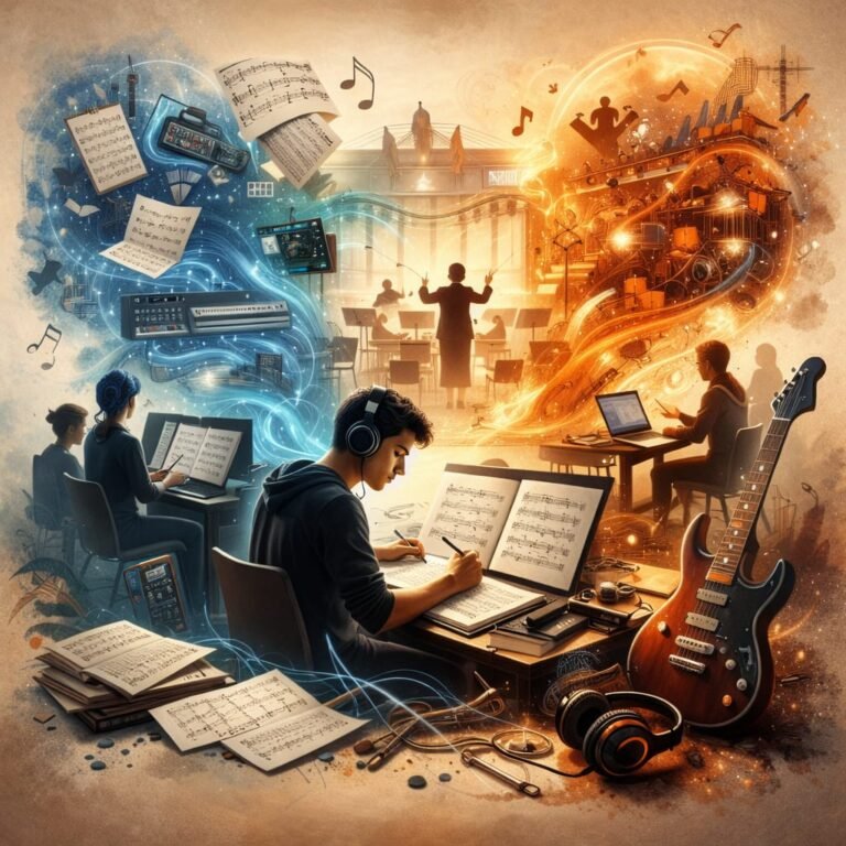 caricatura fantasiosa de joven estudiando musica con colores e imagenes musicales al fondo