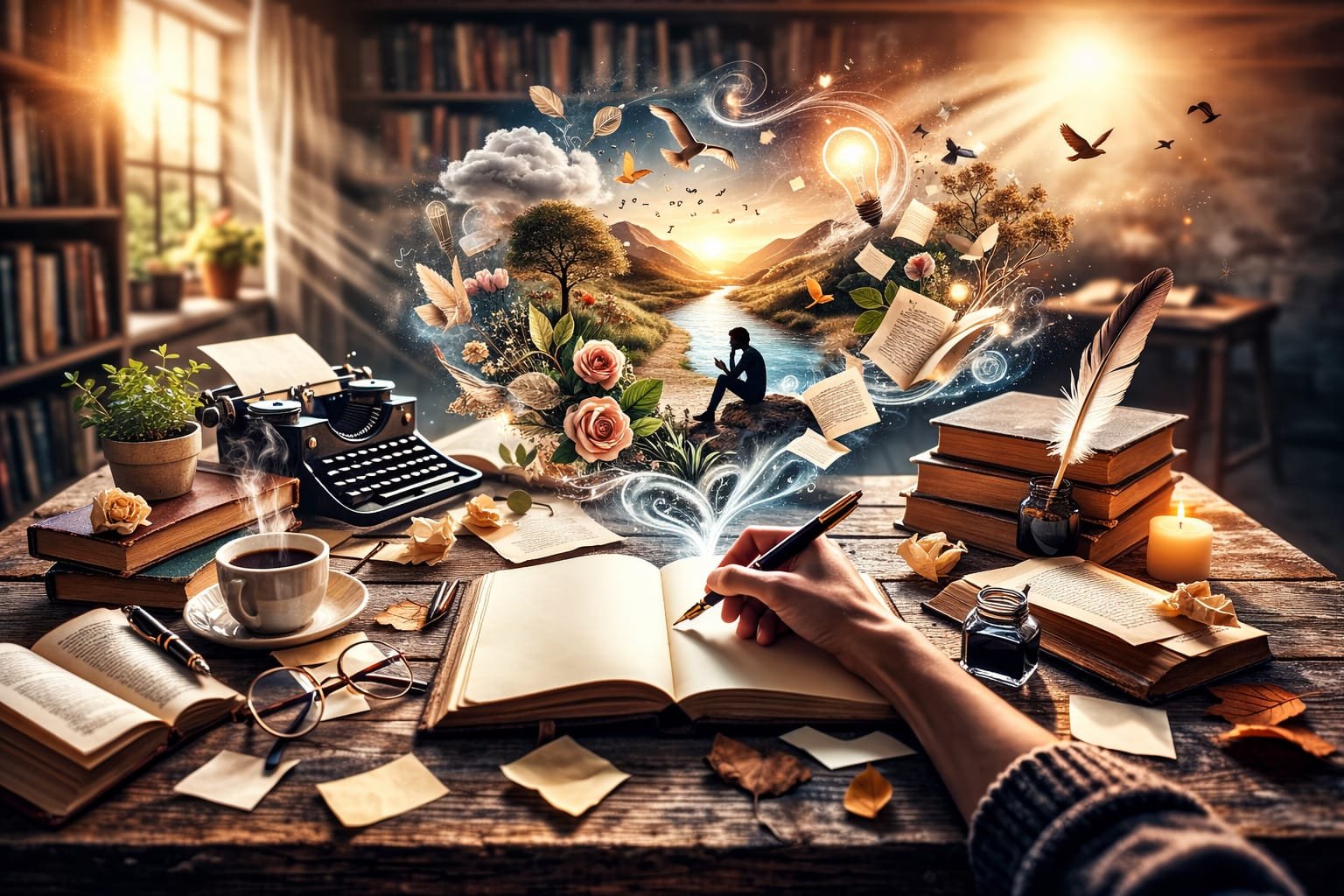 Libros abiertos sobre mesa de madera y ventanas irradiandoles luz