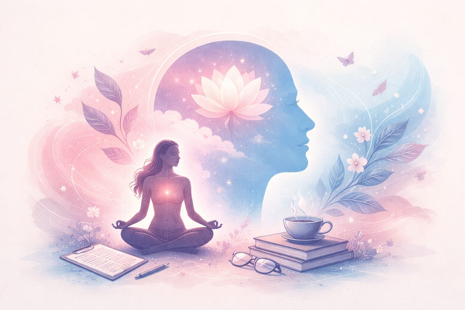 Mujer sentada en posicion de flor de loto junto a libros y cafe con fondo de sombras rosas simulando una cara
