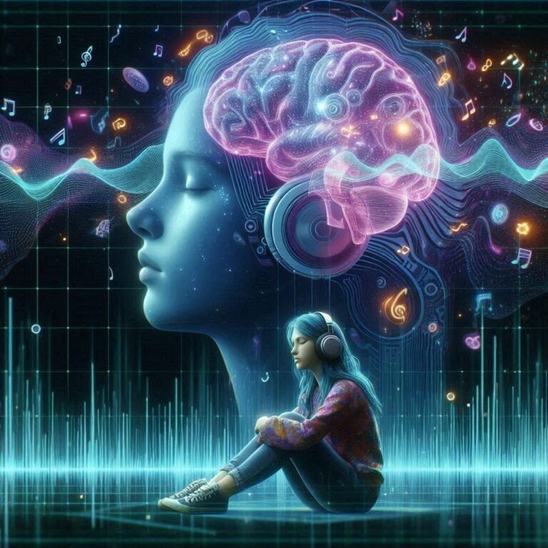 Mujer de costado con los ojos cerrados recibiendo el efecto de escuchar música en sombras negras y neón