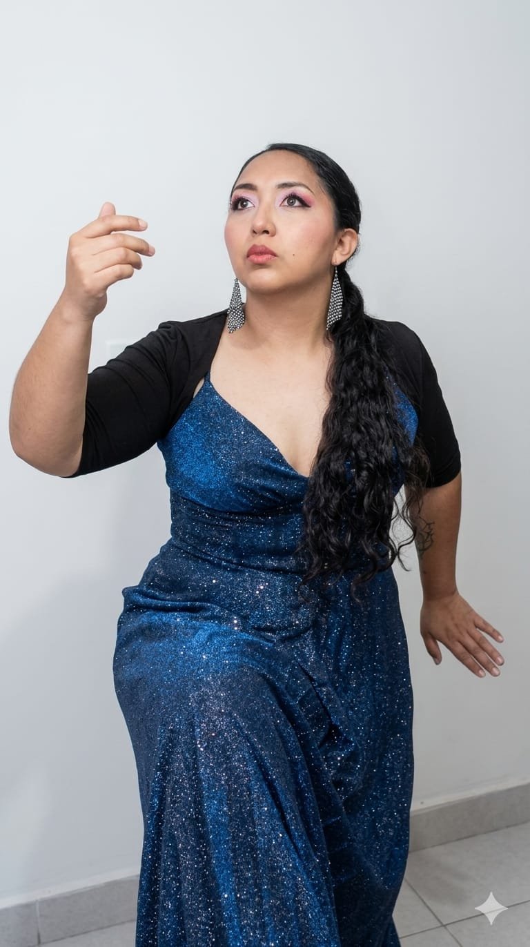 Mujer de vestido azul arrodillada en una pierna con fondo blanco